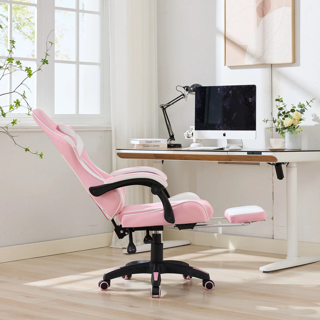 Ergonomischer Racing Gaming Chair in Pink – Höhenverstellbarer Leder-Drehstuhl mit High-Back Rückenlehne, Fußstütze & Massagefunktion