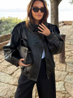 TFMLN Dames PU Lederjacke 2025 – Locker geschnittene Kunstlederjacke mit Stehkragen &amp; Reißverschluss, modischer High-Street Mantel pour Herbst &amp; Winter