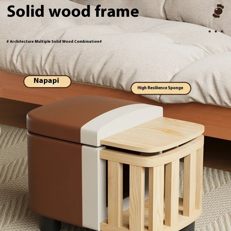 Schuhhocker mit Stauraum aus PU-Leder & Massivholz – Niedriger Sitzhocker für Flur, Wohnzimmer & Kinderzimmer