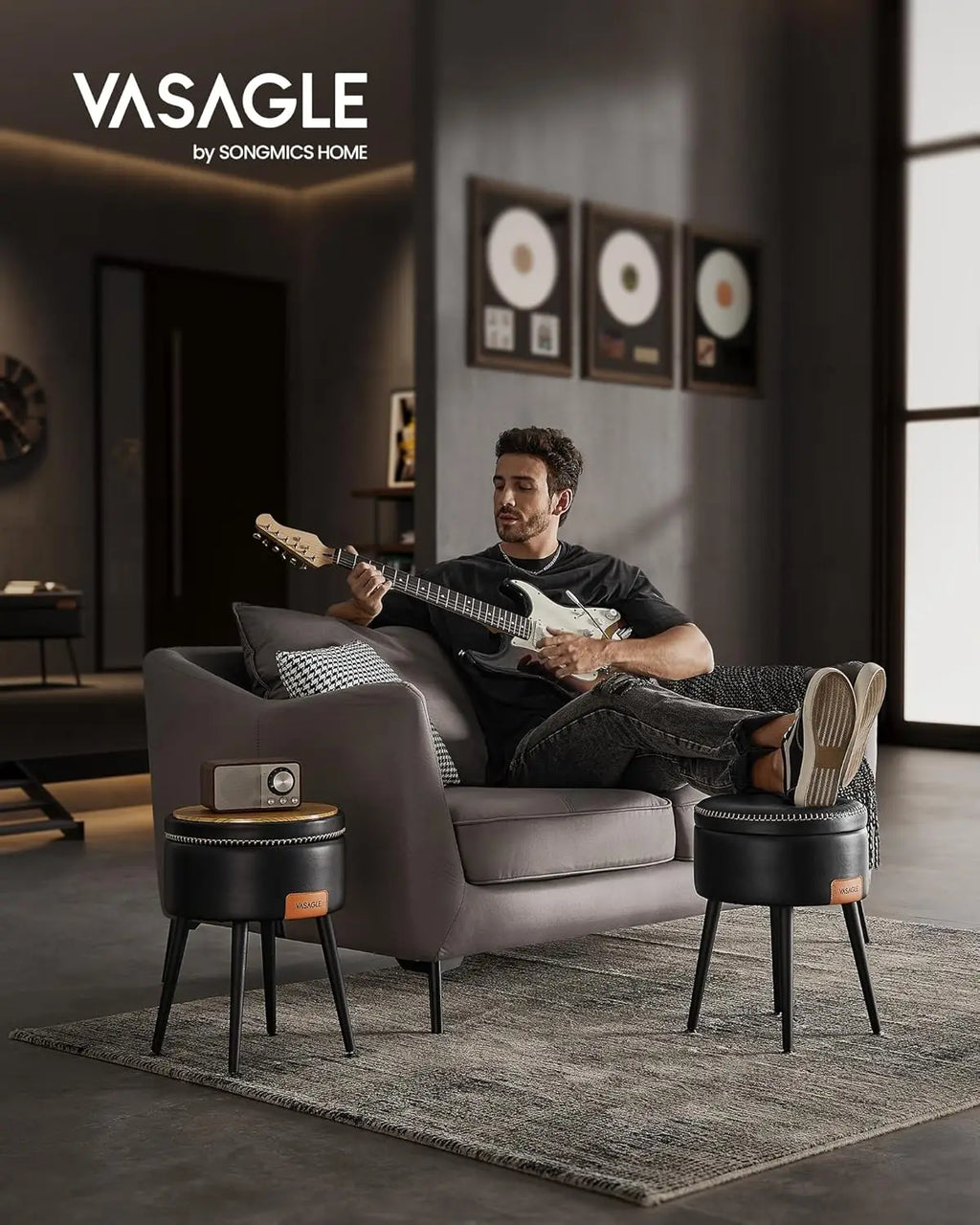 VASAGLE Sitzhocker mit Stauraum aus PU-Leder - Moderner Fußhocker &amp; Schminkhocker hasta 150 kg, EKHO Kollektion, Tinta Negra 