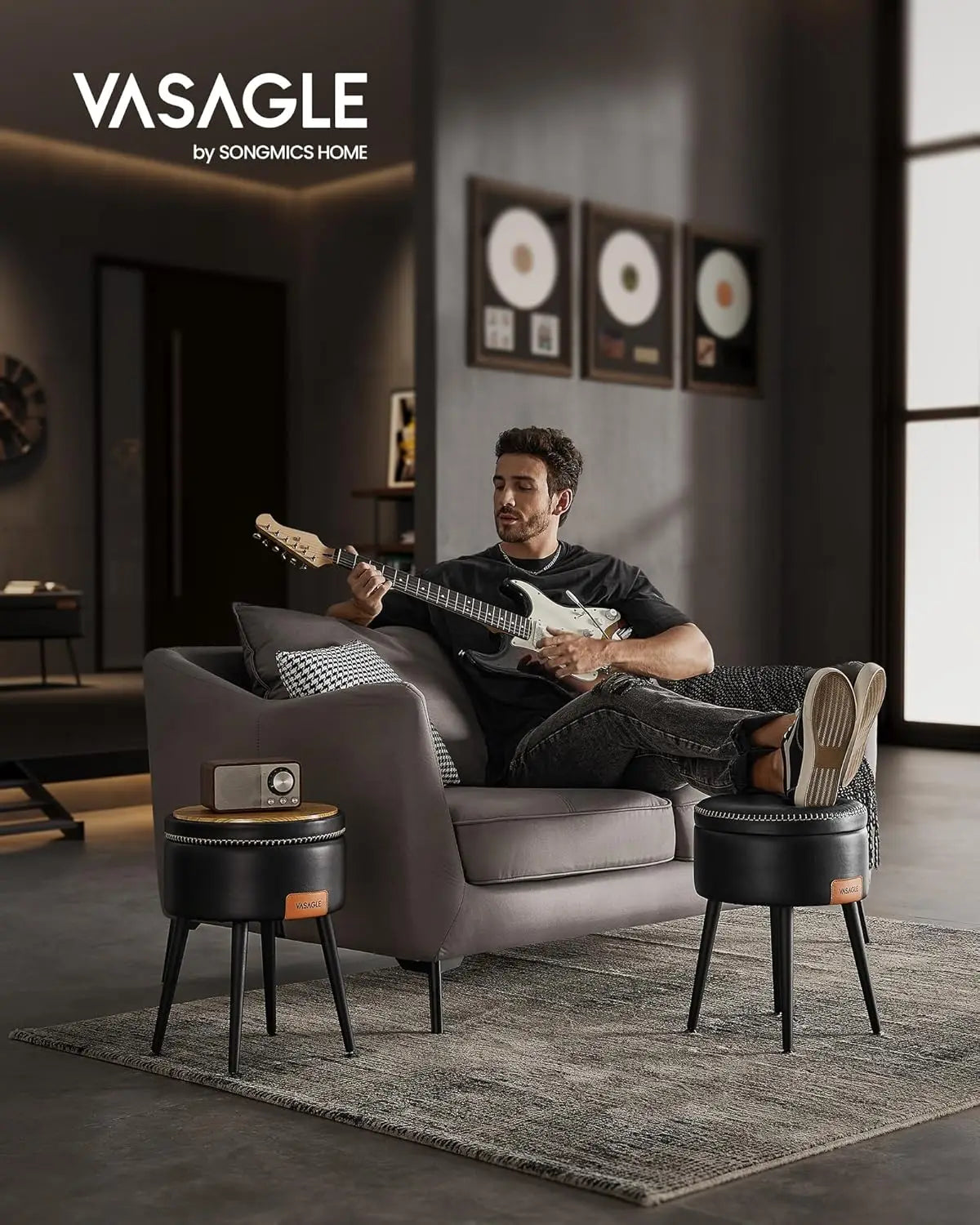 VASAGLE Sitzhocker mit Stauraum aus PU-Leder – Moderner Fußhocker & Schminkhocker bis 150 kg, EKHO Kollektion, Ink Black