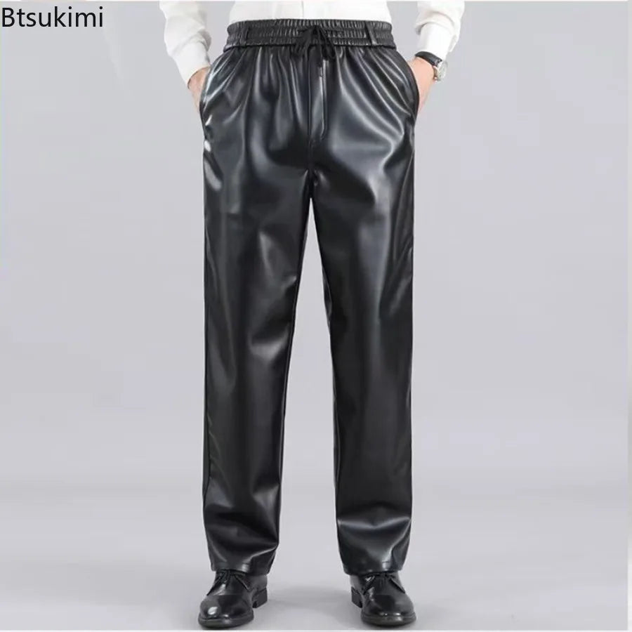 Herren PU Lederhose Herbst/Winter – Elastischer Bund, gerade Casual-Passform, winddichte & warme Motorrad-Kunstlederhose
