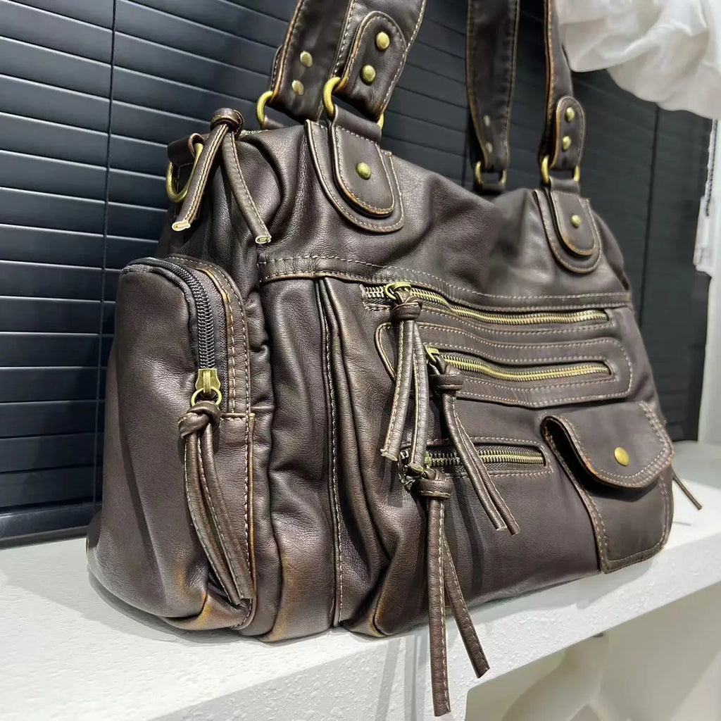Y2K Bolso bandolera para mujer – Vintage PU-Leder Motorrad Tasche mit Multi-Fächern, Große Kapazität Schultertasche für Frauen