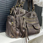 Y2K Bolso bandolera para mujer – Vintage PU-Leder Motorrad Tasche mit Multi-Fächern, Große Kapazität Schultertasche für Frauen