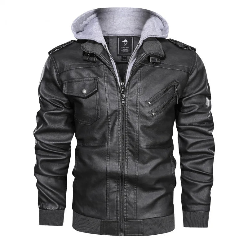 Herren Fake-Two PU Lederjacke mit Doppelreißverschluss – Warme Bikerjacke mit abnehmbarer Kapuze für Herbst & Winter