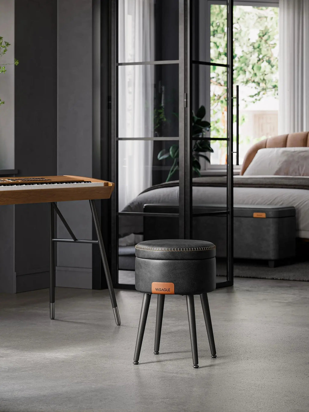 VASAGLE Sitzhocker mit Stauraum aus PU-Leder - Moderner Fußhocker &amp; Schminkhocker hasta 150 kg, EKHO Kollektion, Tinta Negra 