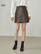 FSLE Damen Lederrock in Braun – Eleganter High-Waist Minirock im A-Line Schnitt, Office-Style Winterrock für stilvolle Business-Looks