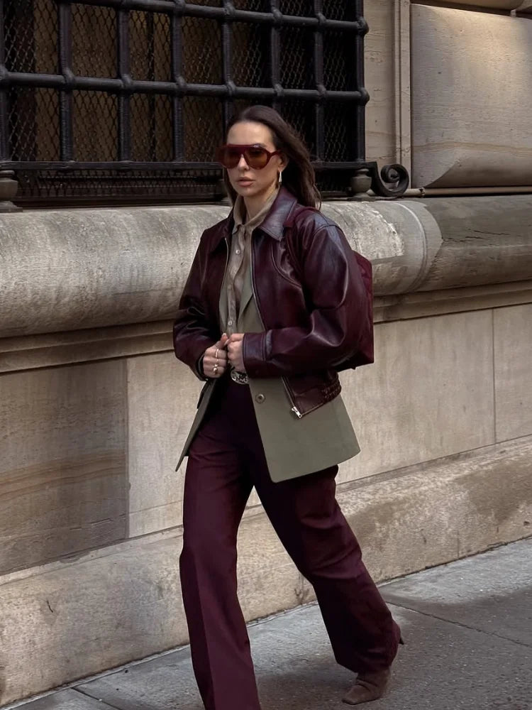 Damen Kurzlederjacke mit Revers – Retro Street Jacket mit Reißverschluss & Kapuze, Herbstmode 2025