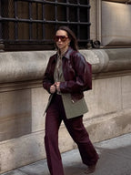 Damen Kurzlederjacke mit Revers – Retro Street Jacket mit Reißverschluss & Kapuze, Herbstmode 2025