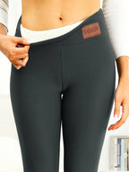 Damen Lederlook Leggings mit Lammfleece – High Waist, warm gefüttert & elastisch, Winter Leggings in Samt-Optik