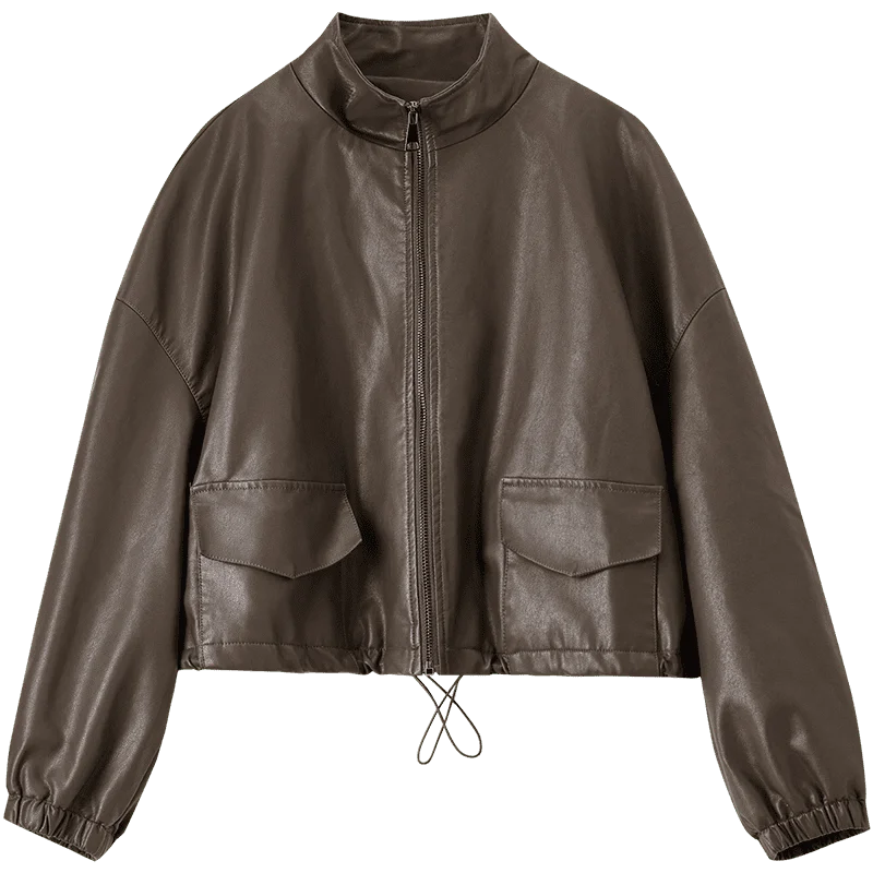 SENTUBILA Damen PU Lederjacke 2025 – Vintage Kurzjacke mit Stehkragen, lockere Kunstlederjacke mit Reißverschluss für Büro & Alltag