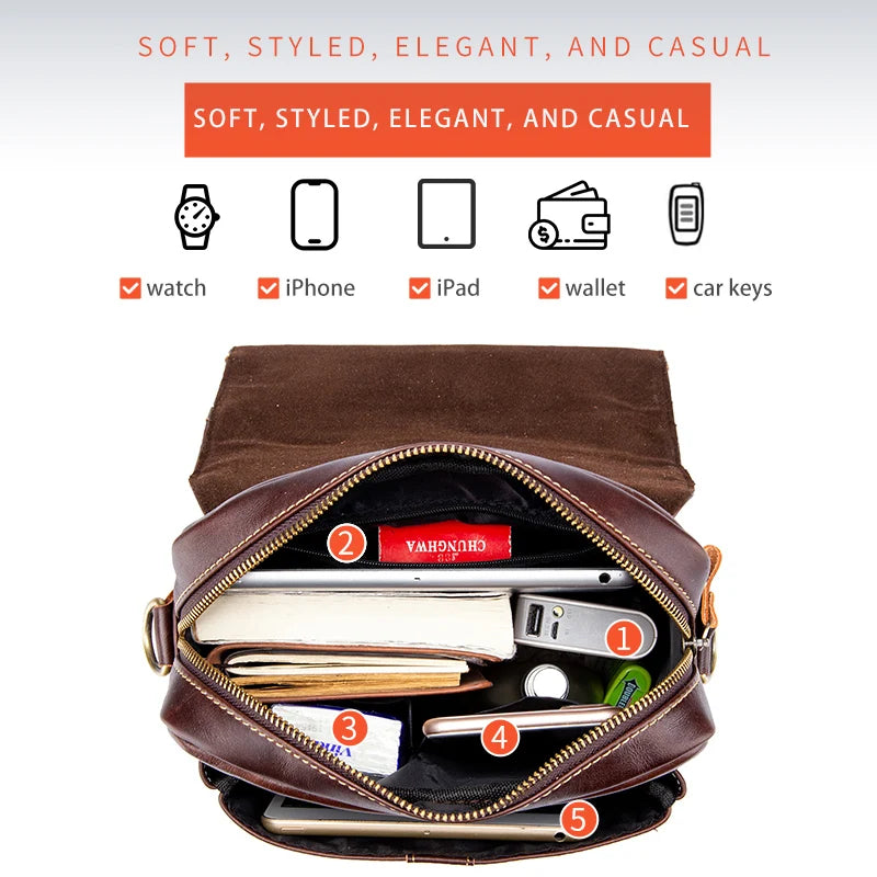 BULLCAPTAIN Herren Leder Schultertasche – Sac à bandoulière rétro business avec grande capacité