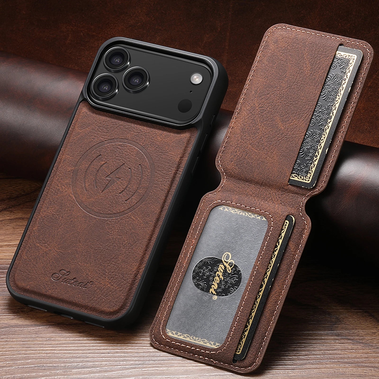 SUTENI Magnetische Wallet-Handyhülle aus Kunstleder mit kabellosem Laden & Standfunktion – Kartenhalter für iPhone 12 bis iPhone 17 Pro Max
