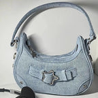 Damen Y2K Vintage Schultertasche – Retro Denim Hobos Bag mit Stern-Design, Zipper & Solider Farbe