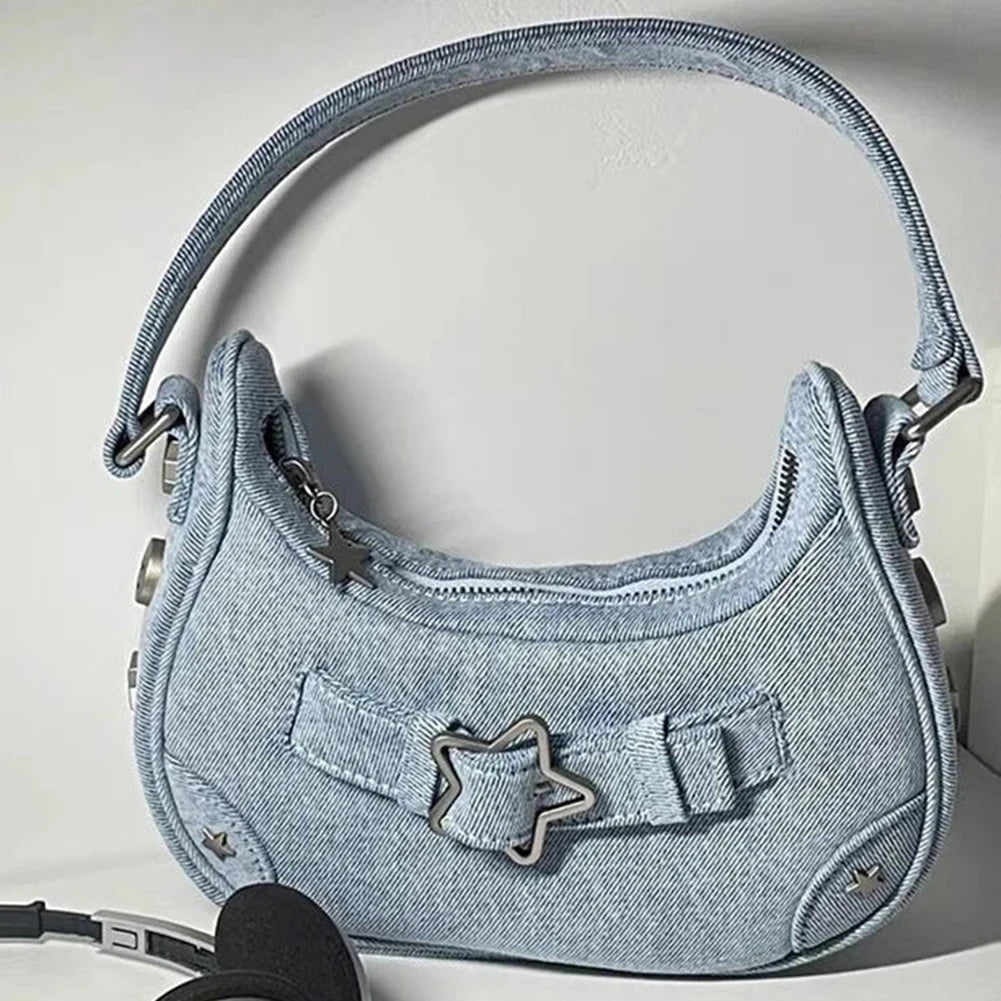 Sac à bandoulière vintage Y2K pour femme – Sac hobo en denim rétro avec design arrière, fermeture éclair et couleur unie