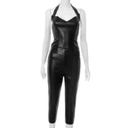 Damen PU-Leder Zweiteiler – Y2K Lederlook Set mit Halter-Top & High-Waist Caprihose, Figurbetontes Night- & Casual Outfit für Herbst/Winter 2025