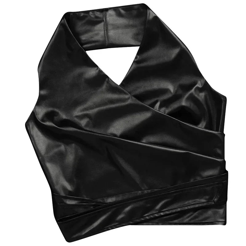 Elegantes PU-Leder 2-Teiler Damen Set – Halter Crop Top Rückenfrei & High-Waist Wide-Leg Hose, Sexy Y2K Club & Party Outfit