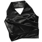 Elegantes PU-Leder 2-Teiler Damen Set – Halter Crop Top Rückenfrei & High-Waist Wide-Leg Hose, Sexy Y2K Club & Party Outfit