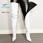 Damen Overknee Stiefel mit seitlichem Reißverschluss – Spitze Thigh-High Boots aus Lederoptik mit 12 cm Stiletto & Plateau (bis Größe 47)