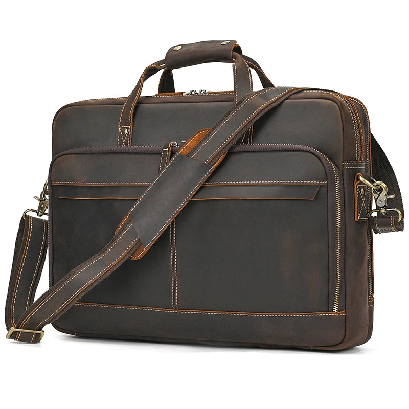 Luufan Herren Leder-Aktentasche - Maletín de cuero Vintage Crazy Horse para portátil de 15,6", bolso bandolera grande para negocios