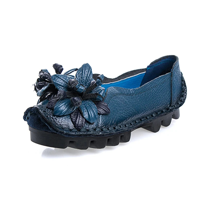 feerldi Damen Retro Ballerinas – Handgefertigte Lederschuhe, Luxuriöse Flats und Loafers mit Blumenapplikation