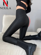 Leggings de piel sintética para mujer con cintura alta – Weich, elastisch &amp; leicht gefüttert, figurbetonte Winter Leggings in Schwarz 