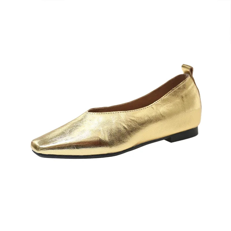 XINGDIKU Damen Loafers 2025 – Luxus Mary Jane Flats aus echtem Leder mit quadratischer Zehenpartie, Gold- und Silberakzenten, Elegante Büro- und Freizeitschuhe