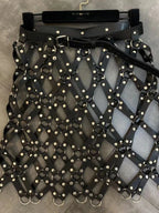 Damen PU Leder Minirock Schwarz – A-Linien High Waist Rock mit Diamant-Gitter &amp; Cut-Outs, moderner Club- &amp; Fashion-Minirock 