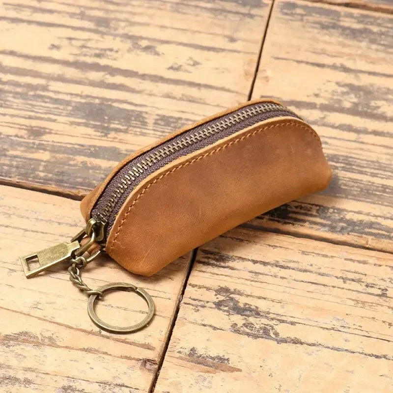 Genuine Leather Damen Münzbörse - Cartera de mano con cremallera vintage aus Rindsleder mit Kartenfach &amp; Schlüsselhalter 