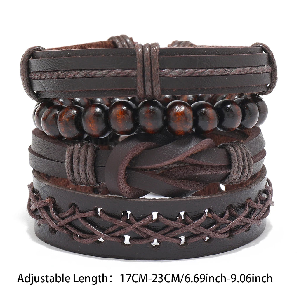 Vintage Lederarmband für Herren – Mehrfach geflochtenes Armband mit braunen Holzperlen, verstellbares Zugband im klassischen Stil