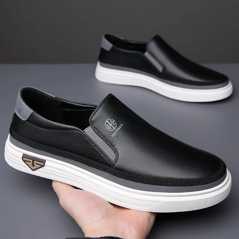 OLOMM Herren Ledersneaker 2025 – Slip-On Casual Schuhe, weiße Alltagssneaker, weich, komfortabel, Frühling/Sommer
