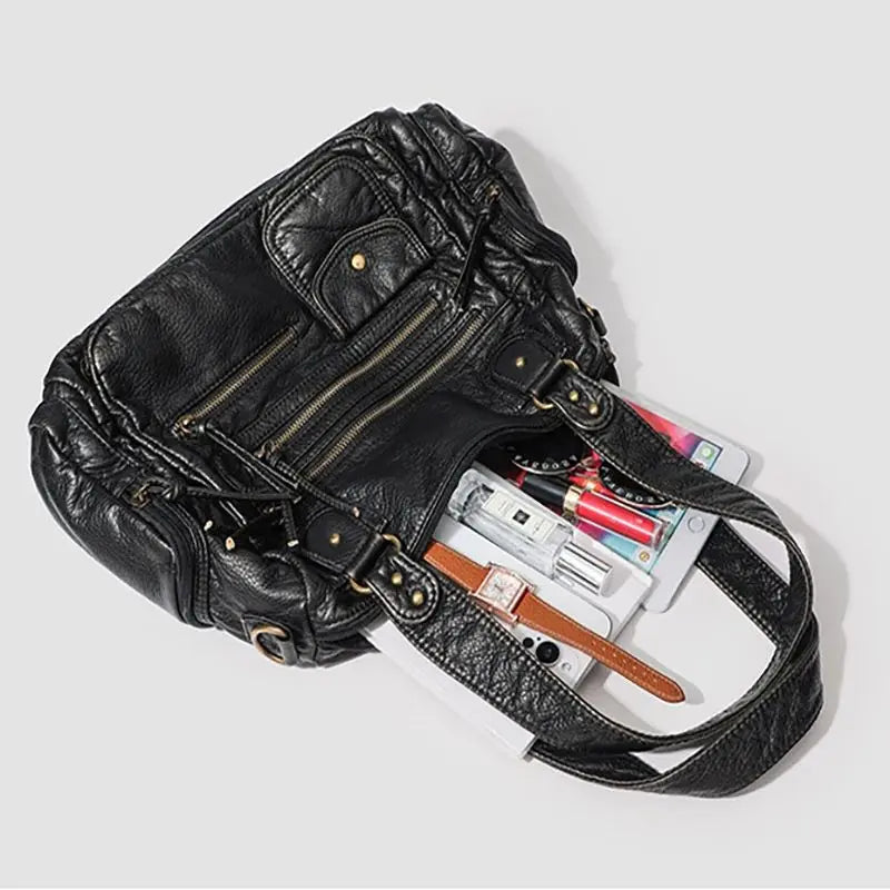 Punk Biker Damen Tote Bag – Große PU-Leder Schulter- & Crossbody-Tasche im Moto-Stil mit Nieten und Multi-Pockets