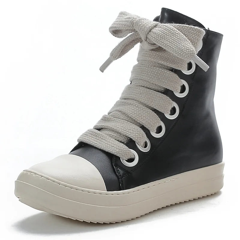 Damen Plateau Sneaker 2025 aus schwarzem Leder – Casual Schnürschuhe mit Reißverschluss & dicker Sohle | Bequeme Freizeit-Sneaker