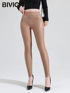 BIVIGAOS Legging en cuir PU polaire pour femme – Taille haute, coupe ajustée et chaud pour l'herbe et l'hiver 