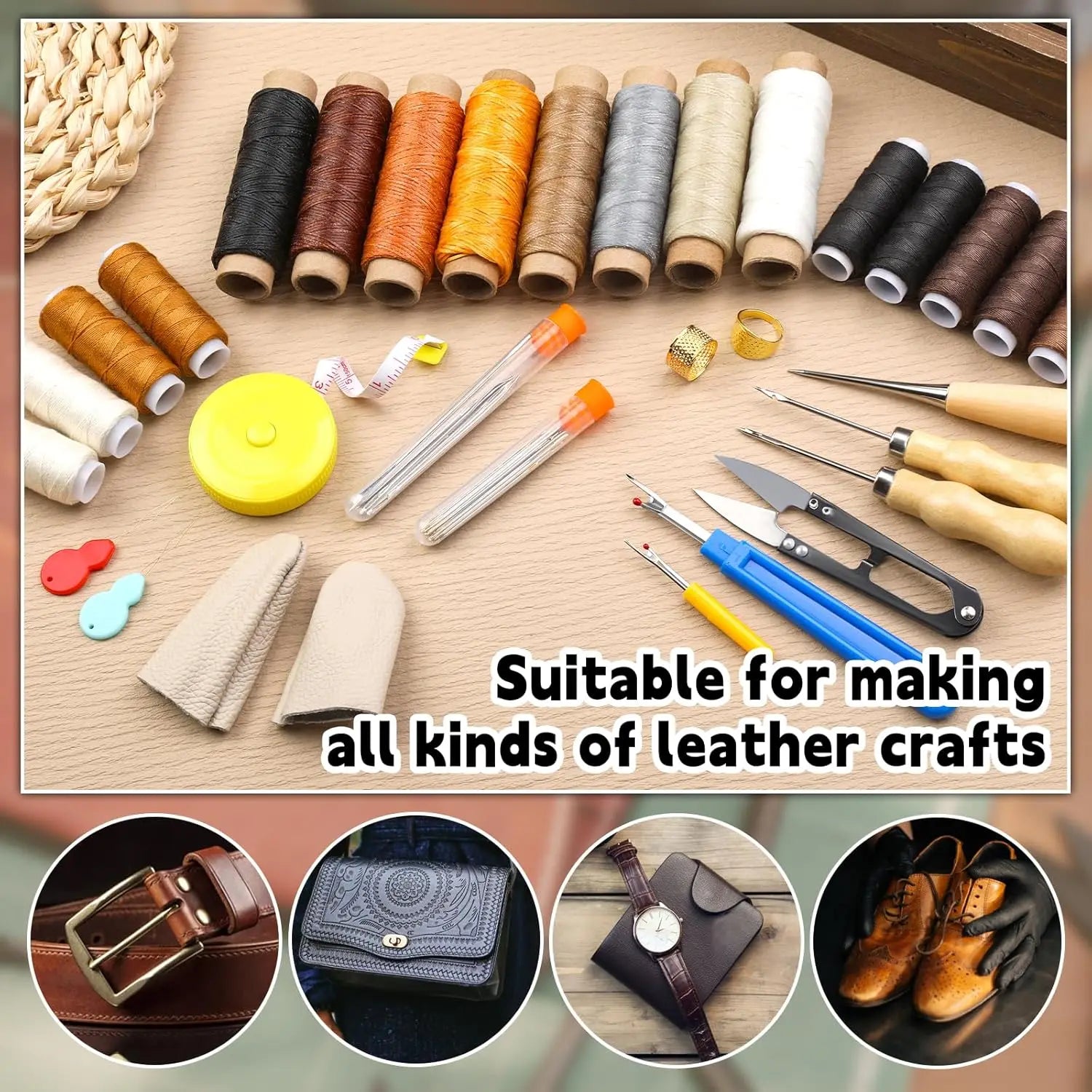 IMAZY Leder Nähset für Polster & Reparatur – Komplettes Handnäh-Werkzeugset mit gewachstem Garn, Nadeln & Ahlen