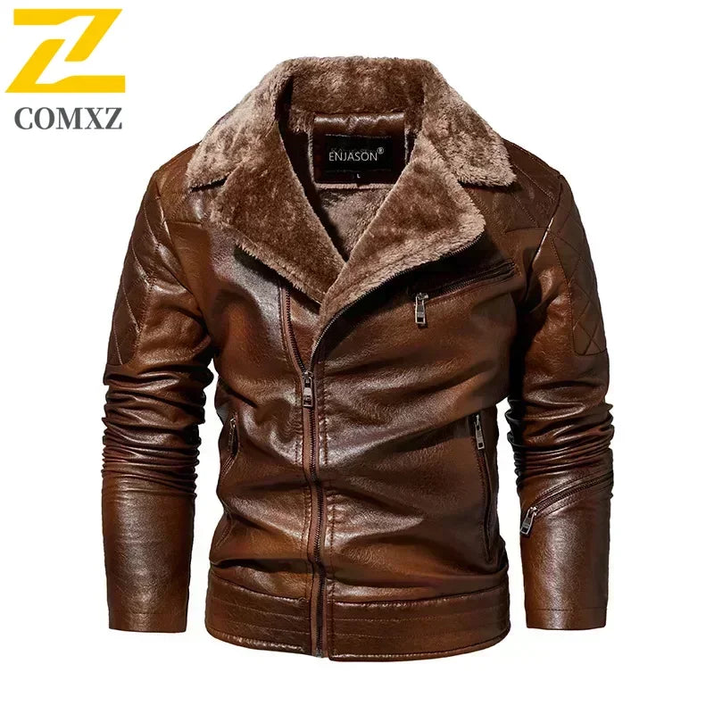 Chaqueta de cuero de PU para hombre de invierno con Fellkragen: cálida, chaqueta de motorizada aus Kunstleder im Biker-Stil 