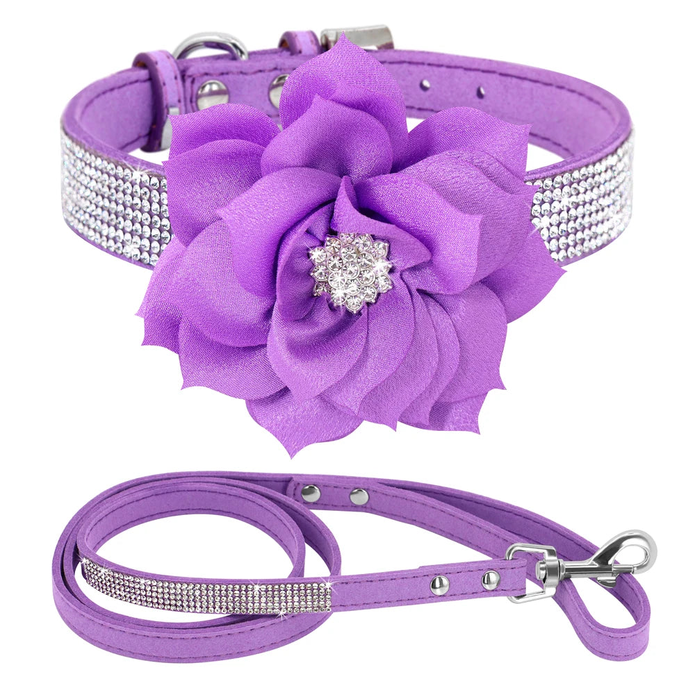 Glitzerndes Leder Hundehalsband mit Strass &amp; Blumenmotiv inkl. 120 cm Leine – Ensemble élégant Bling pour chiens et chats (XS–L)