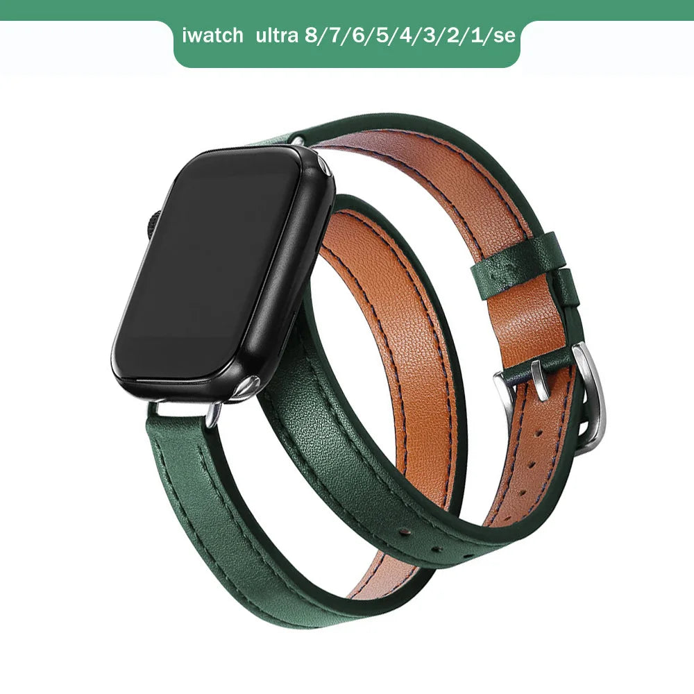 Brazalete de cuero de doble recorrido para Apple Watch Ultra y Series: brazalete de cuero premium para 49 mm, 45 mm, 44 mm, 42 mm, 41 mm, 40 mm y 38 mm 