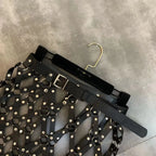 Damen PU Leder Minirock Schwarz – A-Linien High Waist Rock mit Diamant-Gitter &amp; Cut-Outs, moderner Club- &amp; Fashion-Minirock 