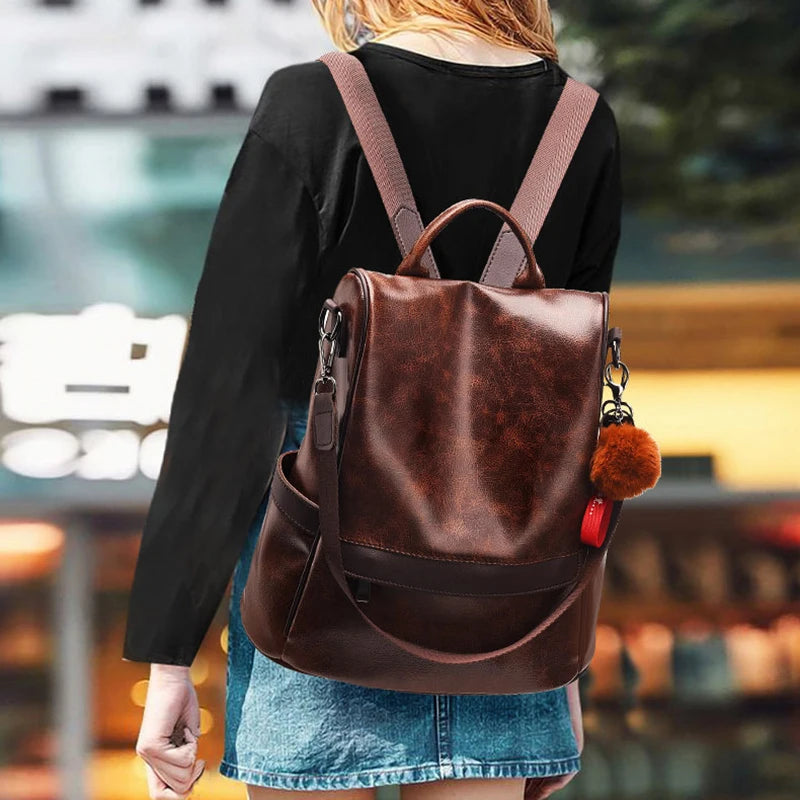QUEENSHOW Damen Vintage Rucksack im Lederlook – Anti-Diebstahl Schulterrucksack mit großer Kapazität, wasserdichter Freizeit- & City-Rucksack für Frauen
