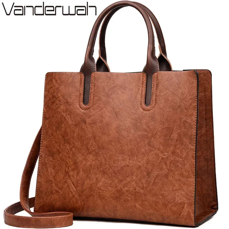 Vintage Damen Tote Bag aus Oil-Skin-Leder – Große Casual Schulter- & Crossbody-Tasche im europäischen Stil mit Reißverschluss