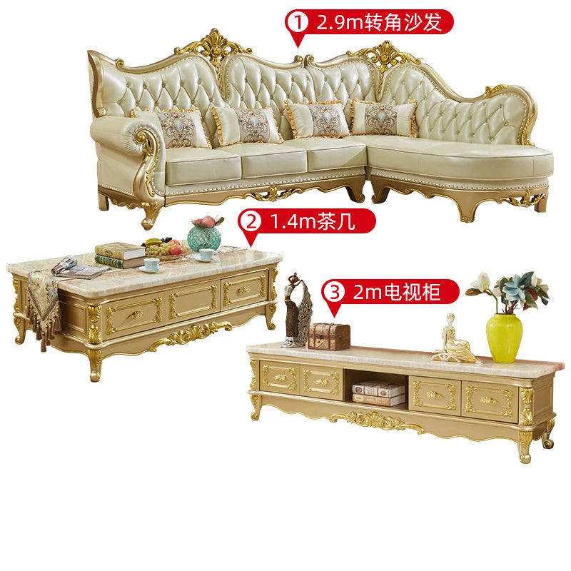 Europäisches Leder Ecksofa im französischen Stil – Massivholz Wohnzimmersofa in Champagner-Gold, L-Form Kombination