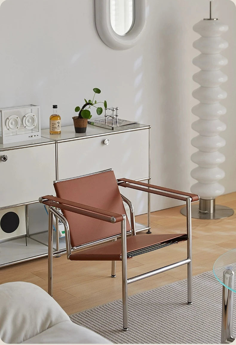 Bauhaus Lounge Armchair im Corbusier-Stil – PU-/Leder-Sessel mit Edelstahlrahmen für modernes Wohnzimmer
