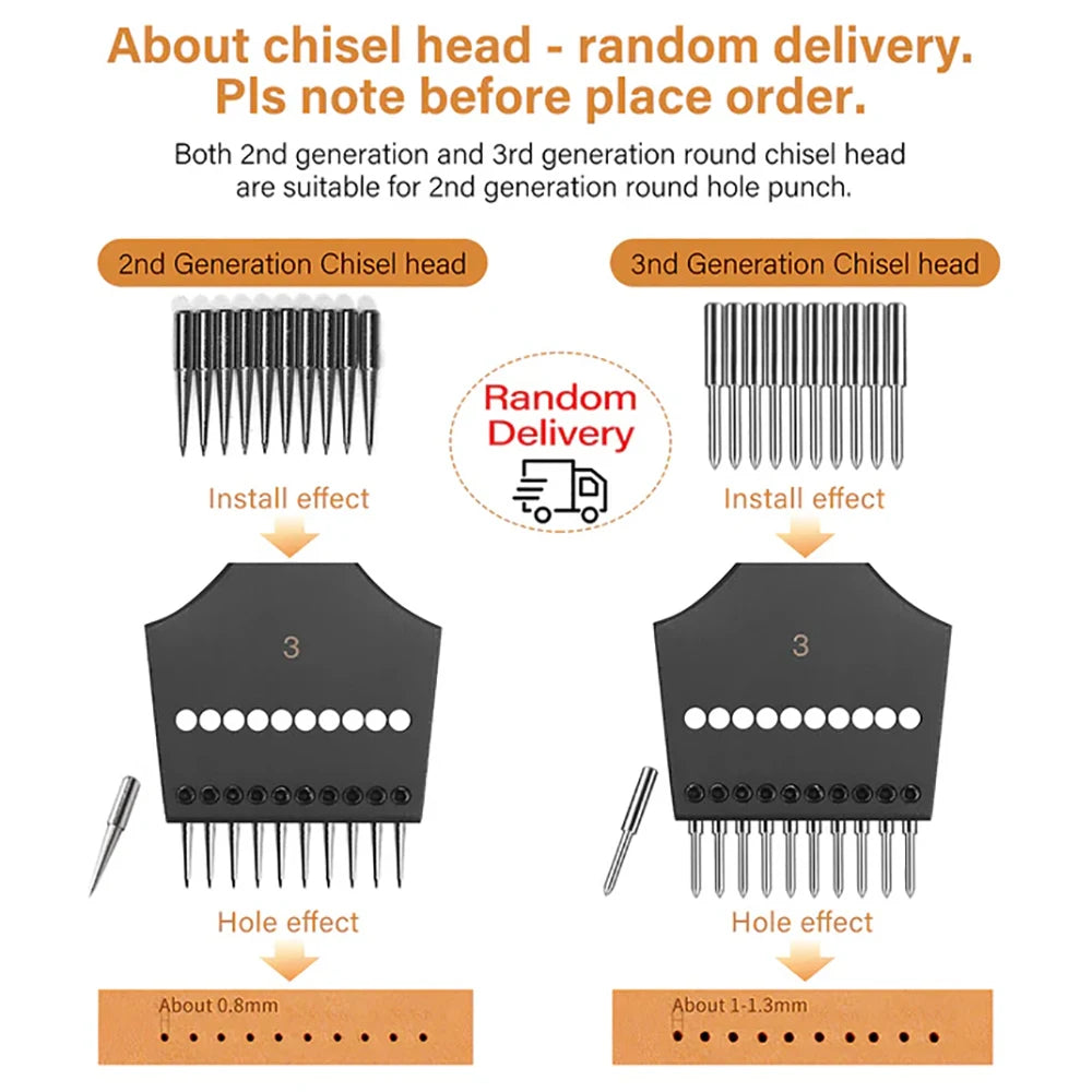 WUTA 2. Generation Leder Pricking Iron mit Wechselkopf – Scharfer Rundloch Leder Chisel aus 4Cr13 Stahl für Präzise Handnähte (3,0–6,0 mm)