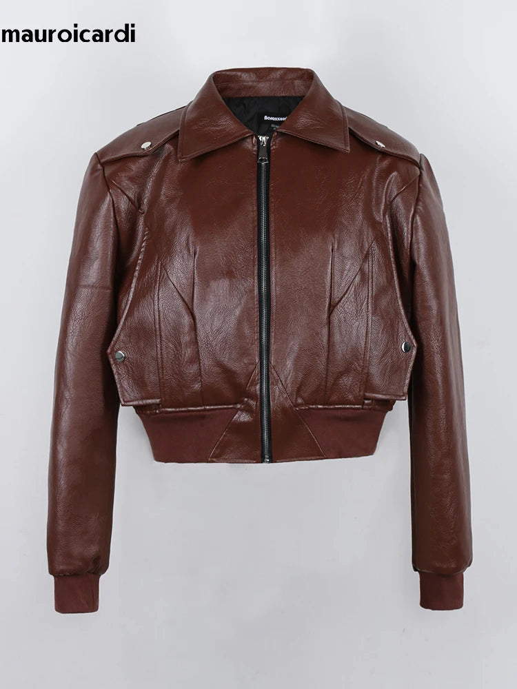 Mauroicardi Hombre Oversize PU Lederjacke Schwarz – Kurze High-Street Designerjacke mit Schulterpolstern &amp; Reißverschluss für Frühling &amp; Herbst