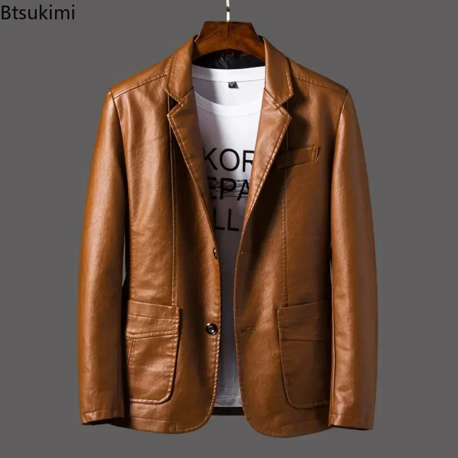 Blazer de cuero de PU para hombre 2025 en estilo coreano: chaqueta de cuero de negocios de corte entallado con reverso, abrigo de cuero moderno para mujeres y hierbas en tallas grandes M-6XL 
