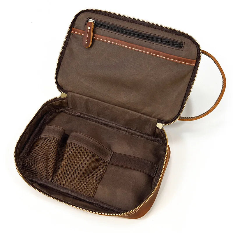 Hochwertige Kleine Reise-Kosmetiktasche aus Crazy Horse Leder – Vintage Leder Wash- &amp; Make-up Bag para hombres 