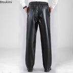 Herren PU Lederhose Herbst/Winter – Elastischer Bund, gerade Casual-Passform, winddichte & warme Motorrad-Kunstlederhose