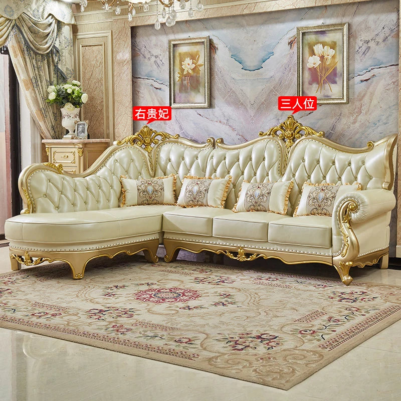 Europäisches Leder Ecksofa im französischen Stil – Massivholz Wohnzimmersofa in Champagner-Gold, L-Form Kombination