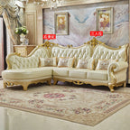 Europäisches Leder Ecksofa im französischen Stil – Massivholz Wohnzimmersofa in Champagner-Gold, L-Form Kombination